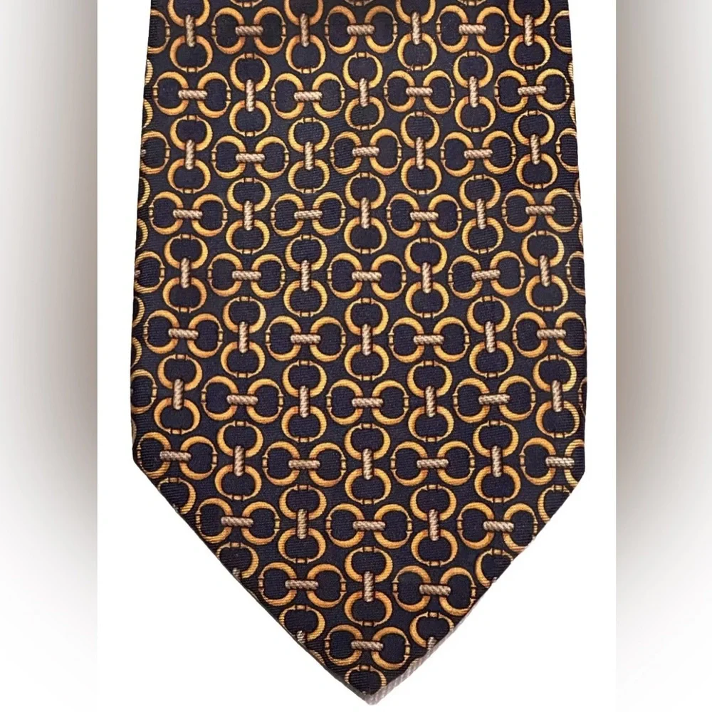 FENDI NECK TIE 100% SILK HAND MADE ITALY BLUE GOLD LINKS PREOWNED IMPERFECT
